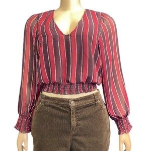 Dee Elly Top Sheer burgundy cream striped V Neck smocked Waist size S